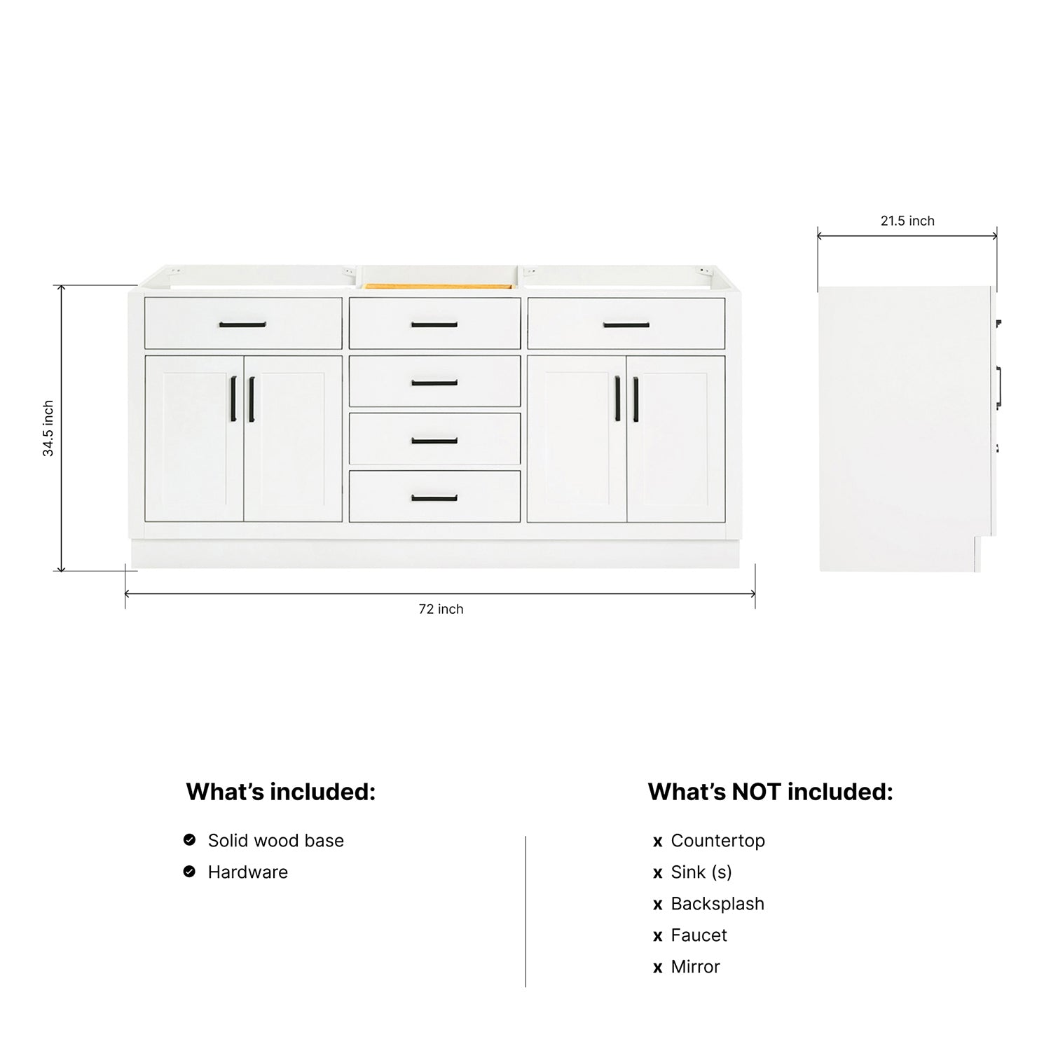 Isabella 72-inch White base cabinet on dimensions