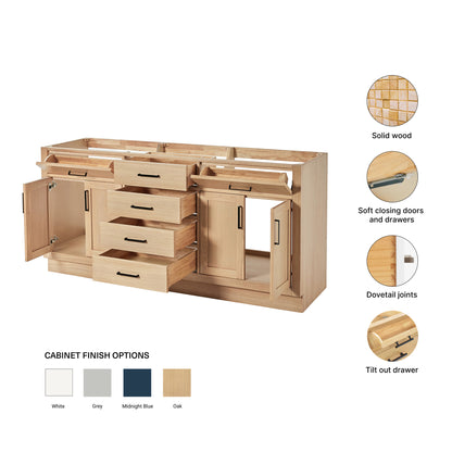 Isabella 72-inch Natural Oak base cabinet on feature highlights: solid wood frame, soft-close doors and drawers, Sherwin-Williams paint finish