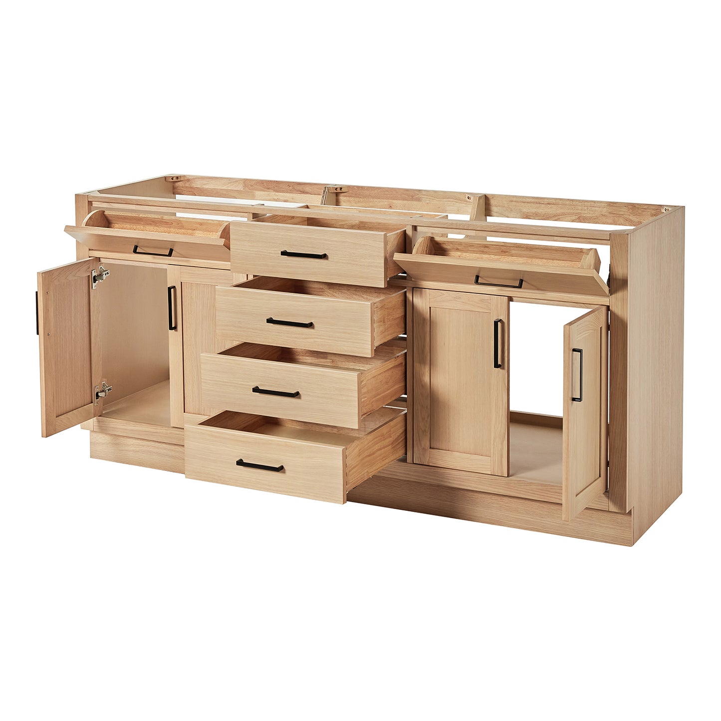 Isabella 72-inch Natural Oak base cabinet on white back ground side view open door