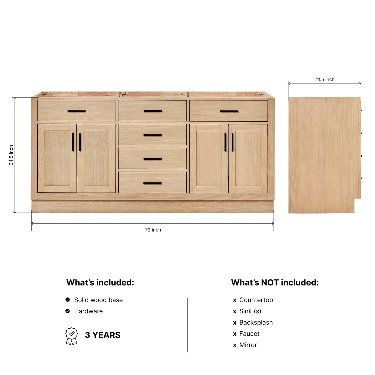 Isabella 72-inch Natural Oak base cabinet on dimensions