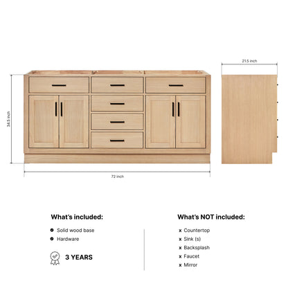 Isabella 72-inch Natural Oak base cabinet on dimensions