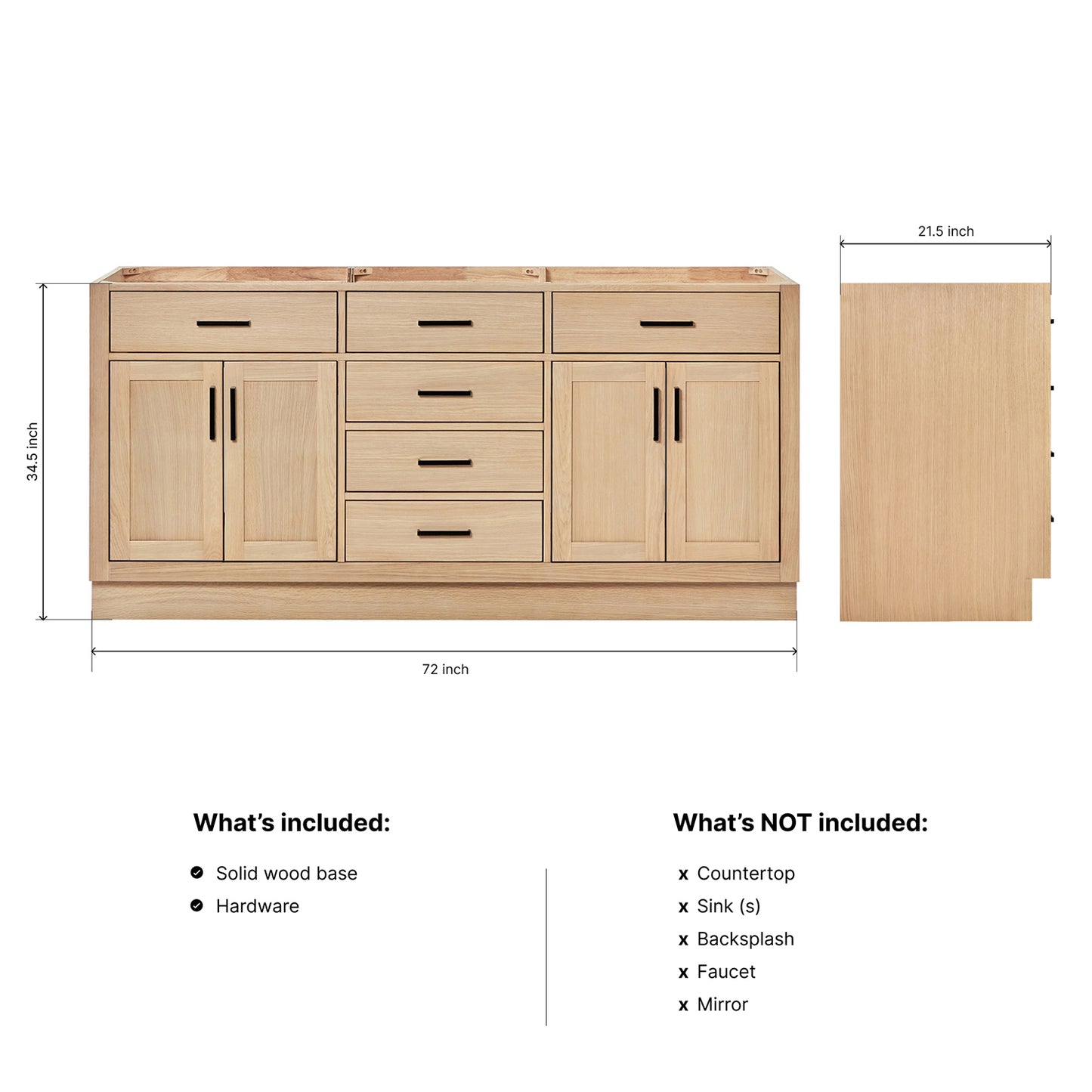 Isabella 72-inch Natural Oak base cabinet on dimensions