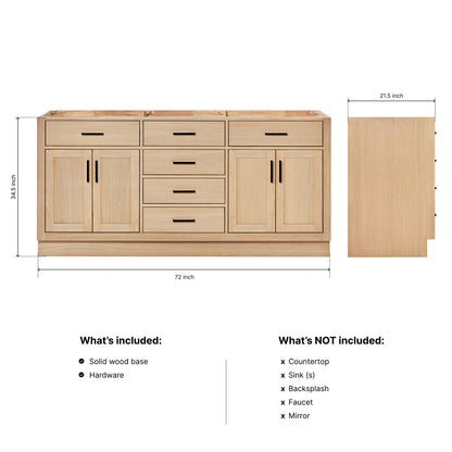 Isabella 72-inch Natural Oak base cabinet on dimensions