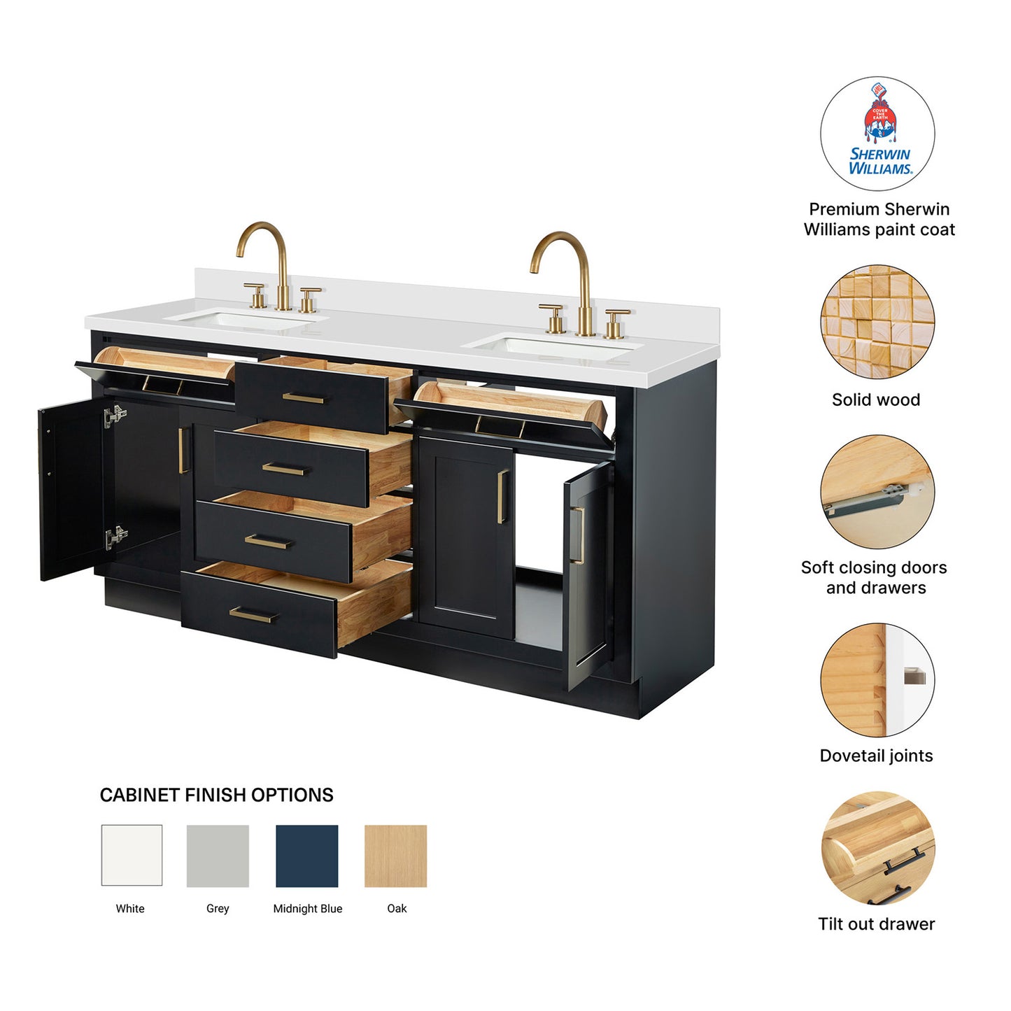 Isabella 72-Inch Black bathroom vanity – feature highlights: solid wood frame, soft-close doors and drawers, Sherwin-Williams paint finish