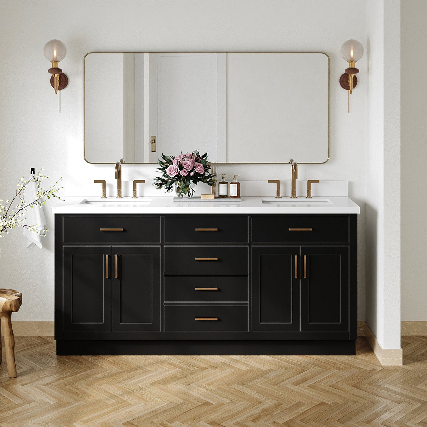 Isabella 72-Inch Black bathroom vanity in styled bathroom setting