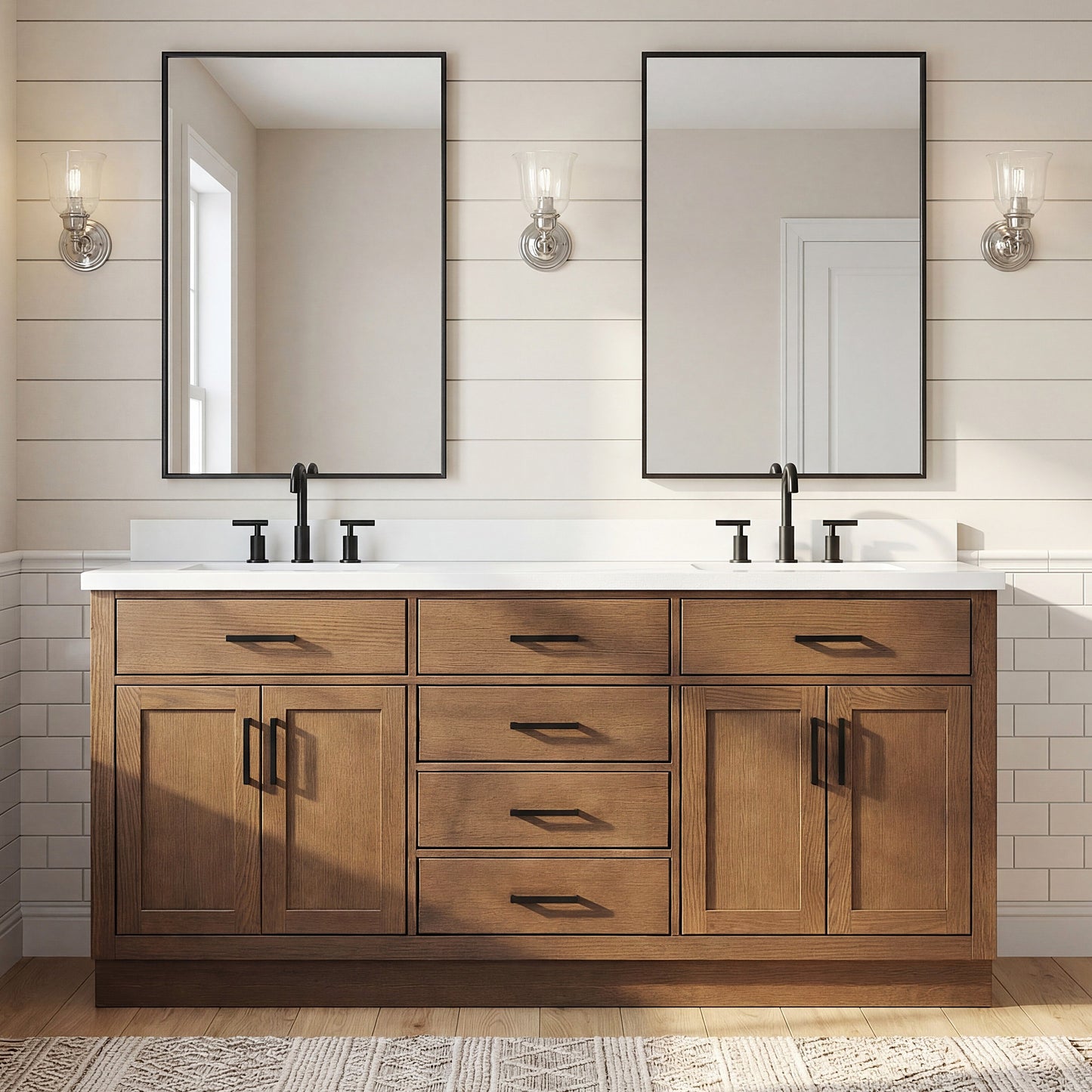 Isabella 72-Inch Brown Oak bathroom vanity in styled bathroom setting