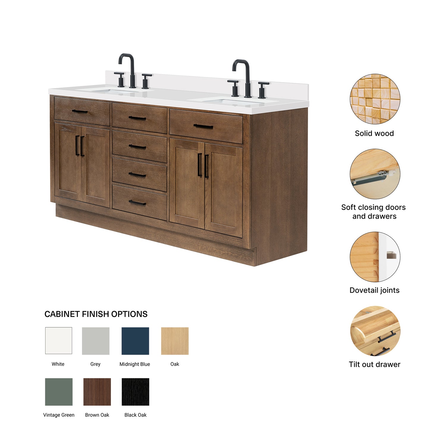 Isabella 72-Inch Brown Oak bathroom vanity – feature highlights: solid wood frame, soft-close doors and drawers, Sherwin-Williams paint finish