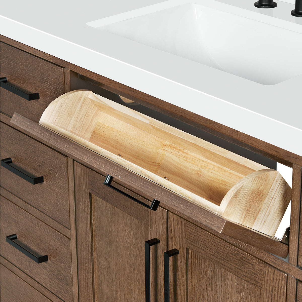 Isabella 72-Inch Brown Oak bathroom vanity on white background – product photo 13