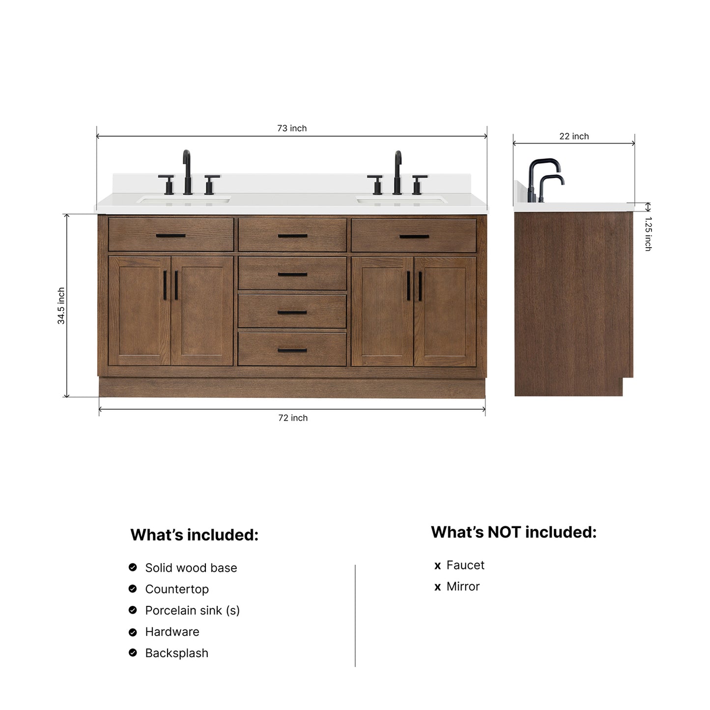 Isabella 72-Inch Brown Oak bathroom vanity dimensions