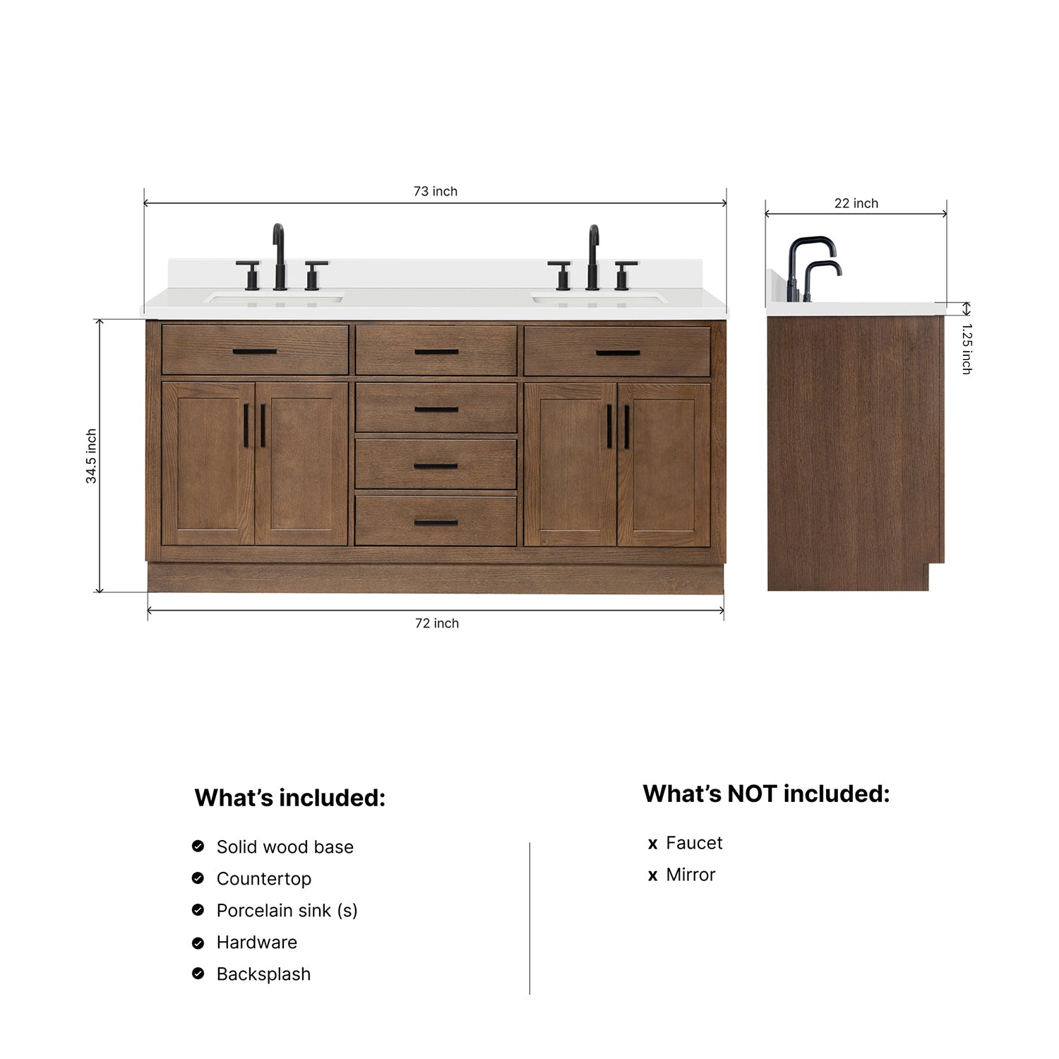 Isabella 72-Inch Brown Oak bathroom vanity dimensions