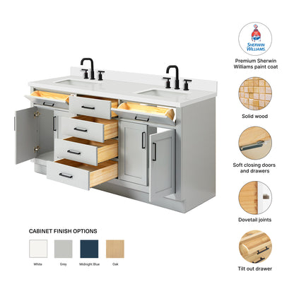 Isabella 72-Inch Grey bathroom vanity – feature highlights: solid wood frame, soft-close doors and drawers, Sherwin-Williams paint finish