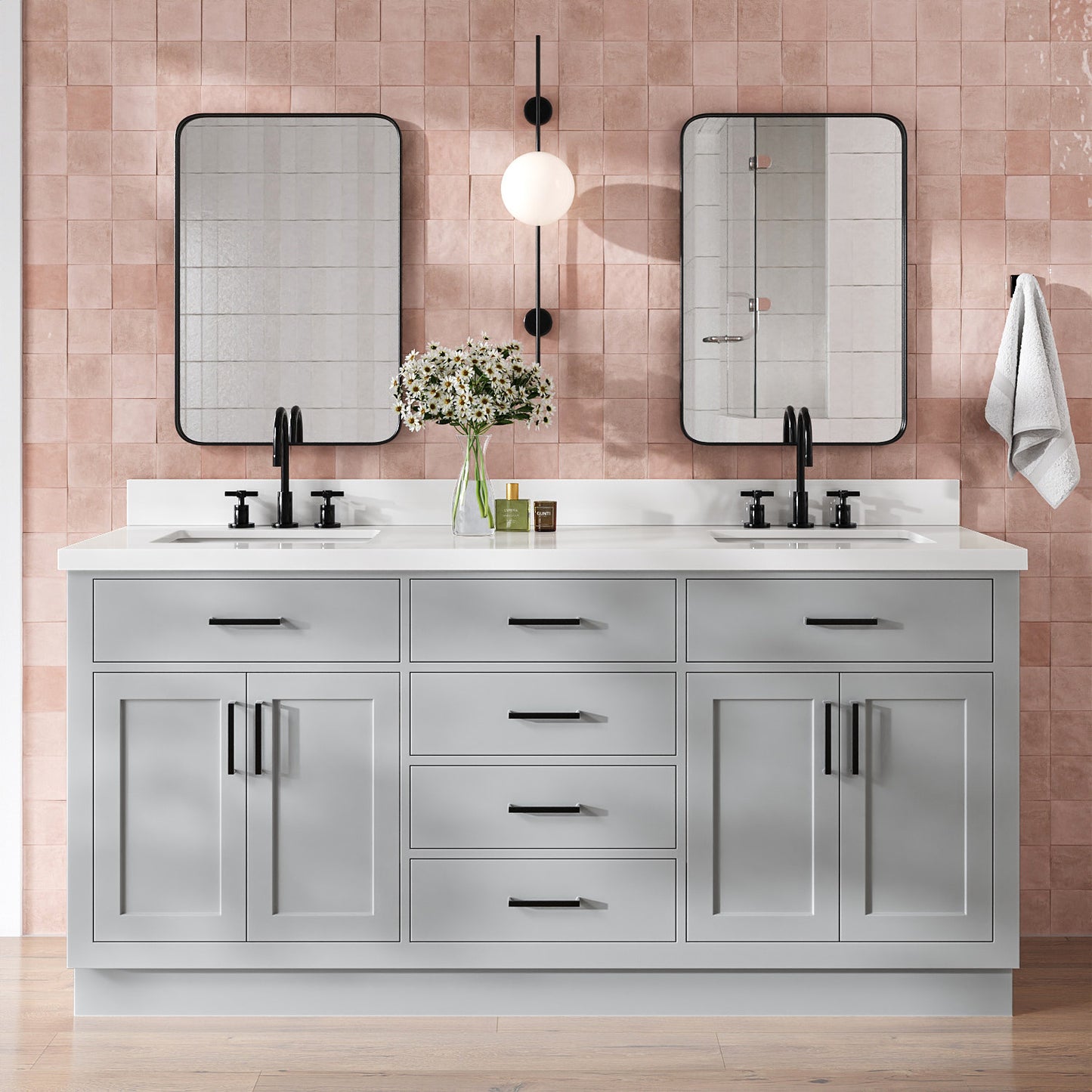 Isabella 72-Inch Grey bathroom vanity in styled bathroom setting