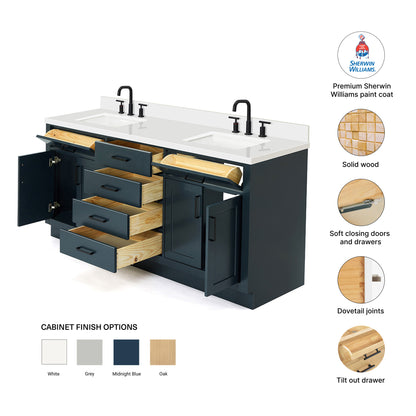 Isabella 72-Inch Midnight Blue bathroom vanity – feature highlights: solid wood frame, soft-close doors and drawers, Sherwin-Williams paint finish