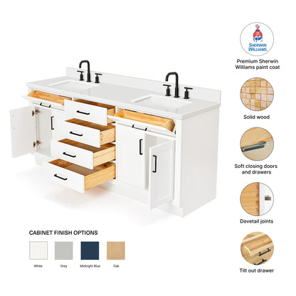 Isabella 72-Inch White bathroom vanity – feature highlights: solid wood frame, soft-close doors and drawers, Sherwin-Williams paint finish