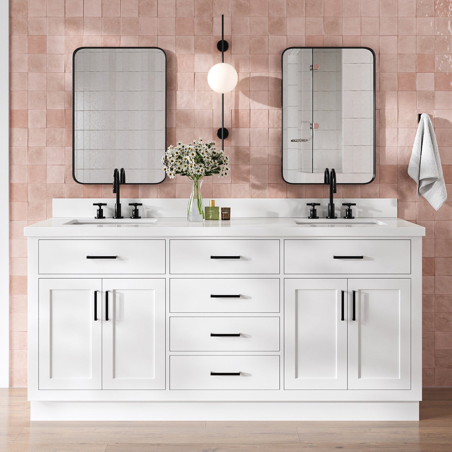 Isabella 72-Inch White bathroom vanity in styled bathroom setting