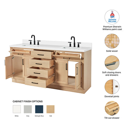 Isabella 72-Inch White Oak bathroom vanity – feature highlights: solid wood frame, soft-close doors and drawers, Sherwin-Williams paint finish