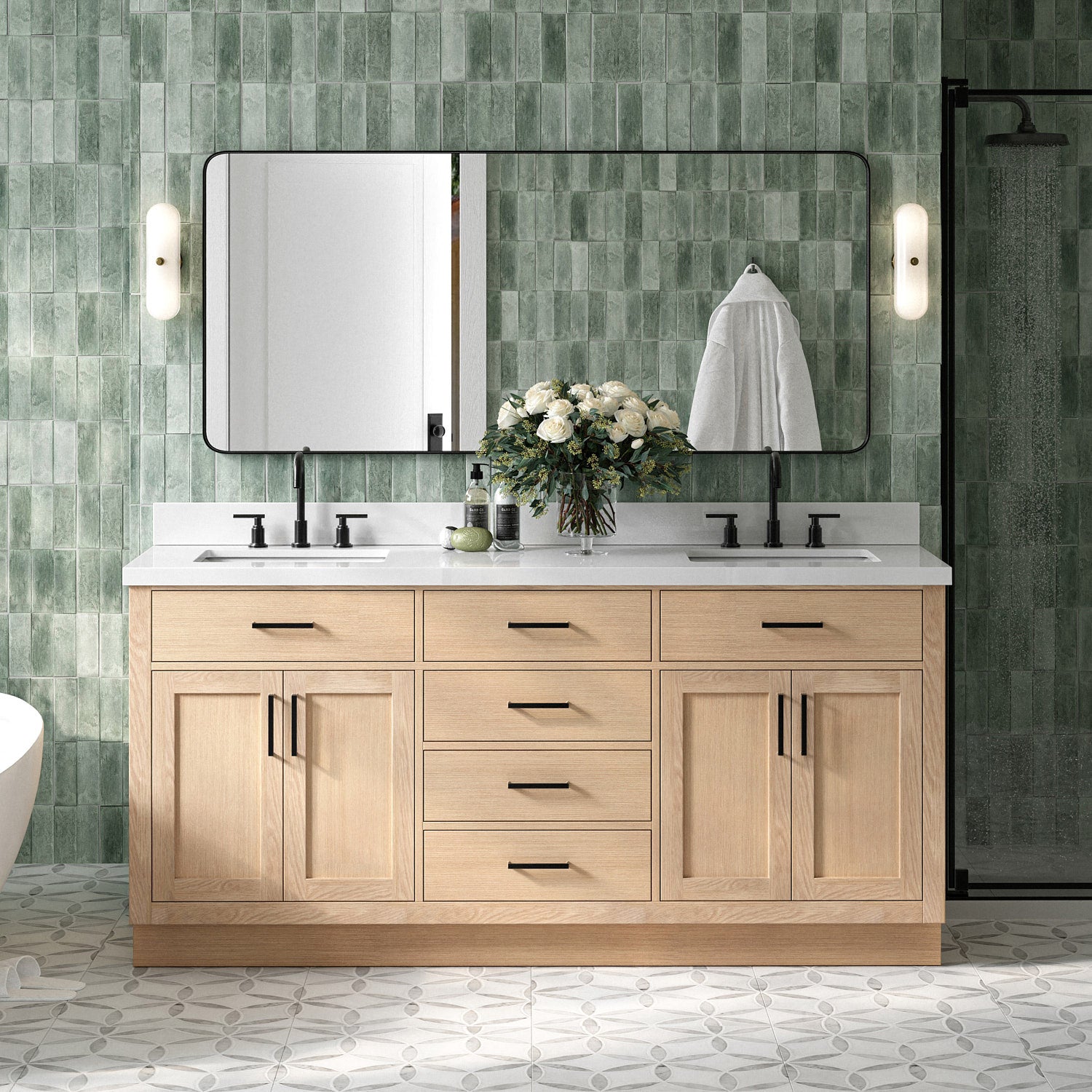 Isabella 72-Inch White Oak bathroom vanity in styled bathroom setting