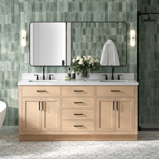 Isabella 72-Inch White Oak bathroom vanity in styled bathroom setting