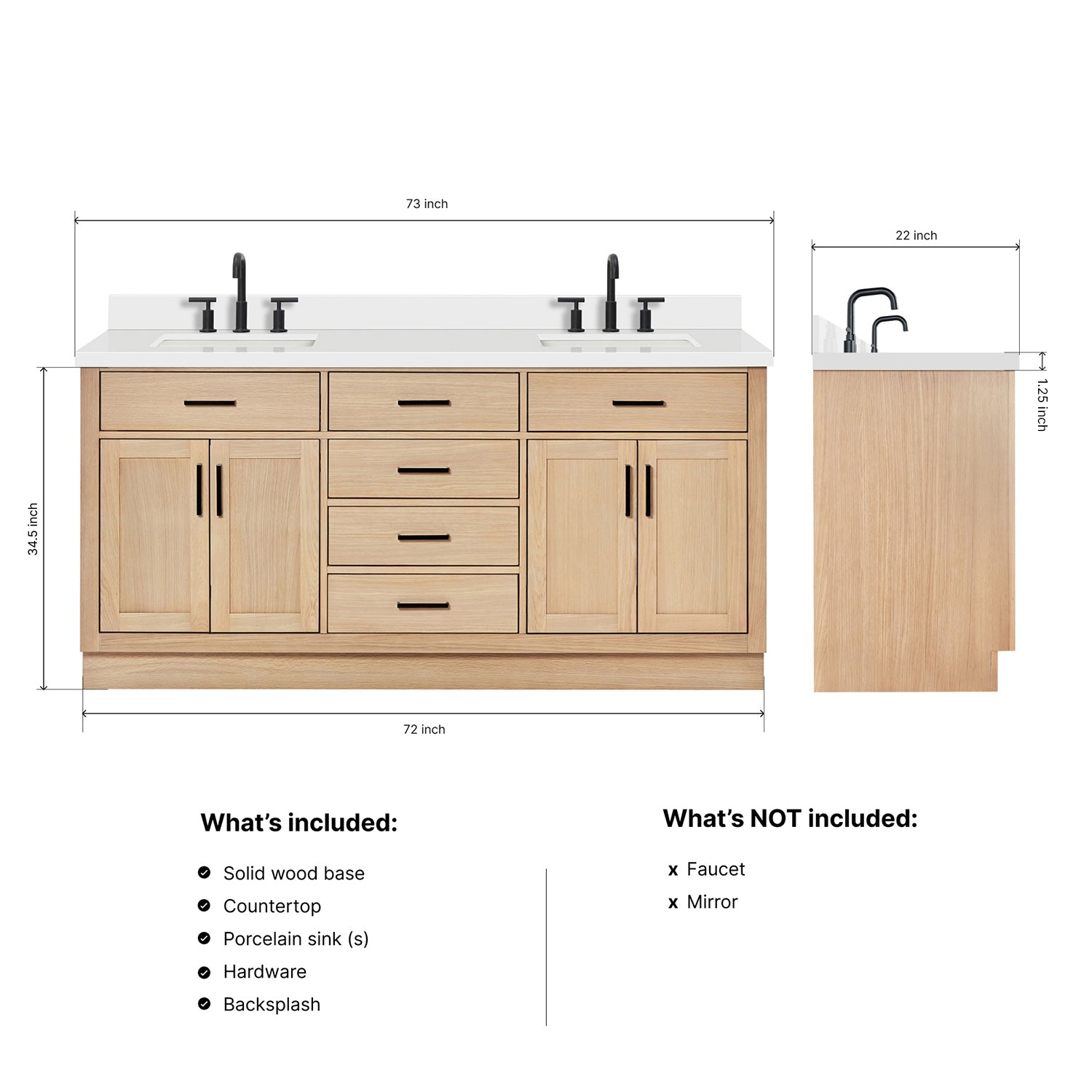 Isabella 72-Inch White Oak bathroom vanity dimensions