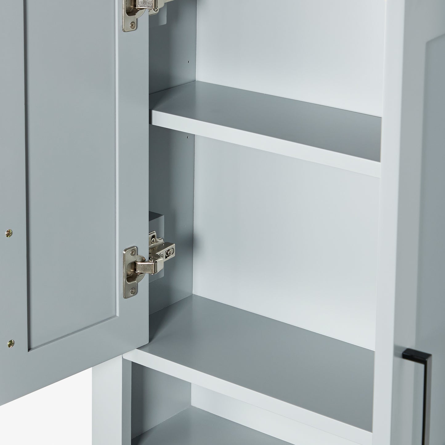 Isabella 3123-inch Grey base cabinet on white back ground front view open door