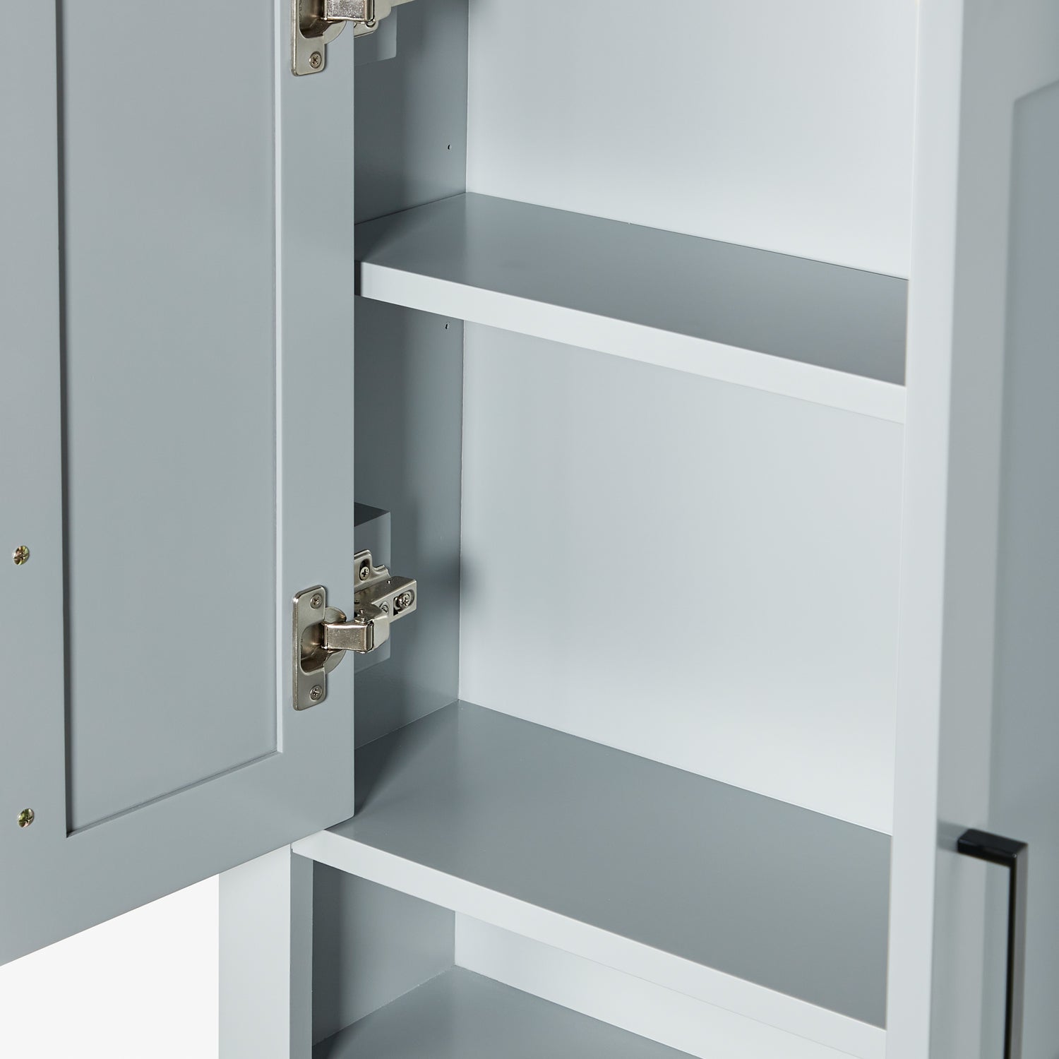 Isabella 3123-inch Grey base cabinet on white back ground front view open door
