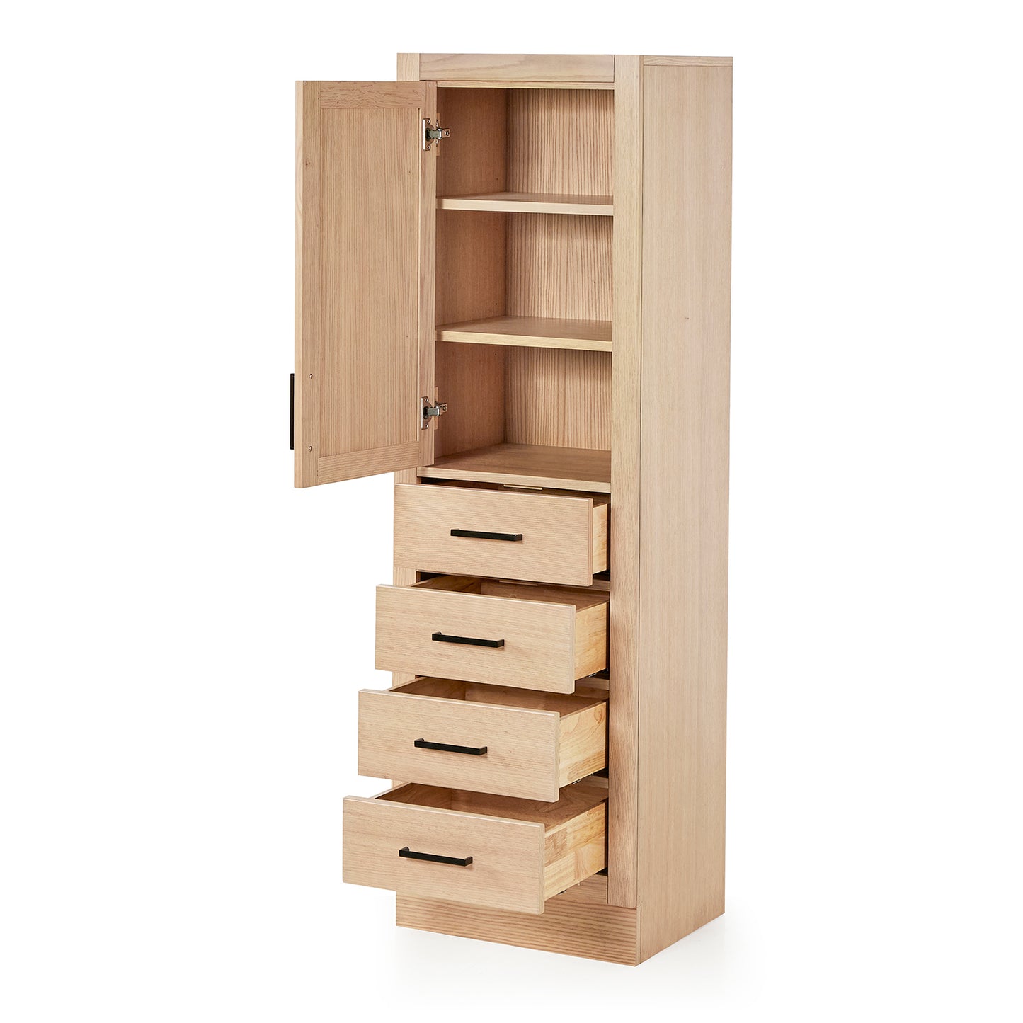 Isabella 2065-inch White Oak base cabinet on white back ground side view open door