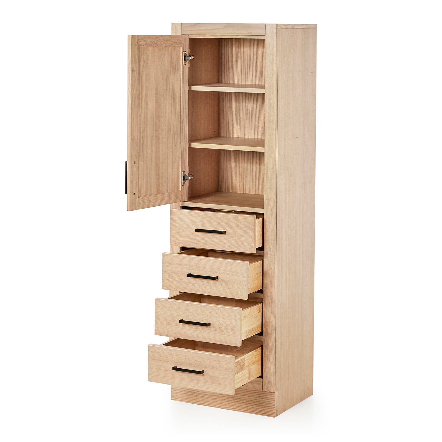 Isabella 2065-inch White Oak base cabinet on white back ground side view open door