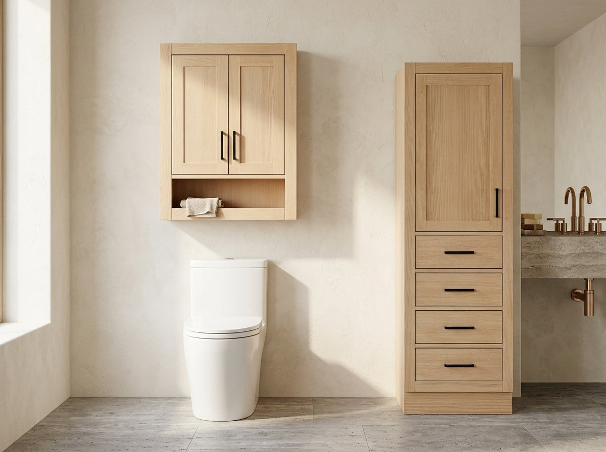 Bathroom with wall cabinets and linen cabinet